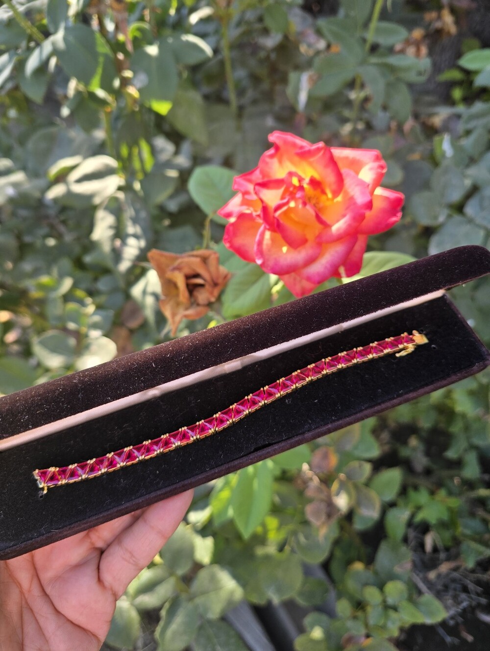 14K yellow gold plated Sterling Pink Ruby Tennis Bracelet